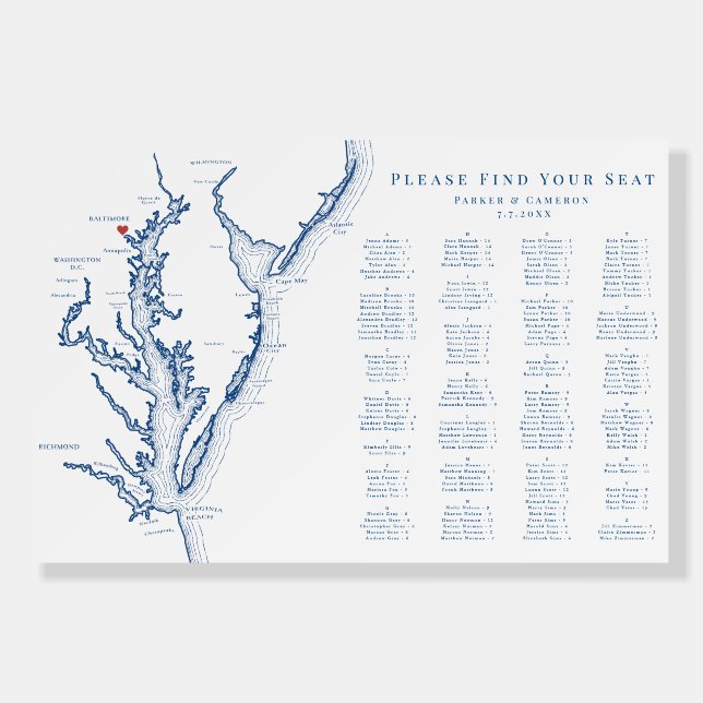 Baltimore Wedding Alphabetized 150 p Seating Chart Foam Board (Front)
