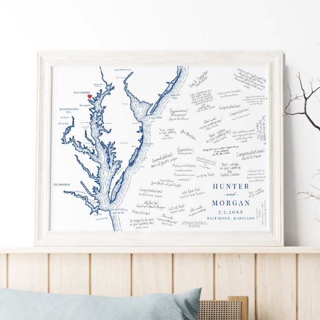 Baltimore Wedding Elegant Map Guest Book Poster (Baltimore Maryland Map weddign guest book poster  w/navy blue Chesapeake Bay by Coastal Map Designs)