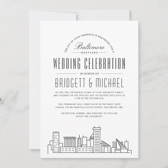 Baltimore Wedding | Modern Deco Skyline  Invitation (Front)