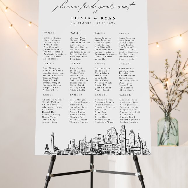 Baltimore Wedding Seating Chart 12 Tables 24x36 Foam Board (In Situ (Stand))