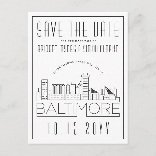 Baltimore Wedding  Stylized Skyline Save the Date Postcard
