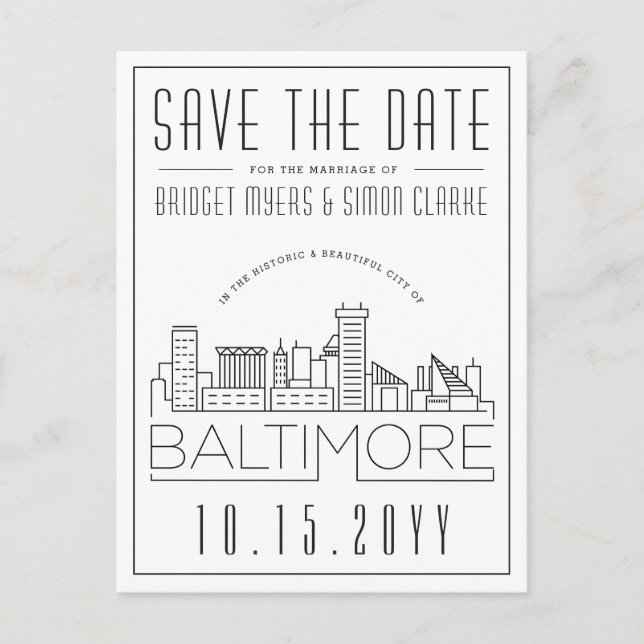 Baltimore Wedding | Stylized Skyline Save the Date Postcard (Front)