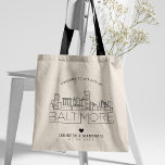 Baltimore Wedding | Stylized Skyline Tote Bag<br><div class="desc">A unique wedding tote bag for a wedding taking place in the beautiful emerald city of Baltimore. This tote features a stylized illustration of the city's unique skyline with its name underneath. This is followed by your wedding day information in a matching open-lined style. This item is part of a...</div>