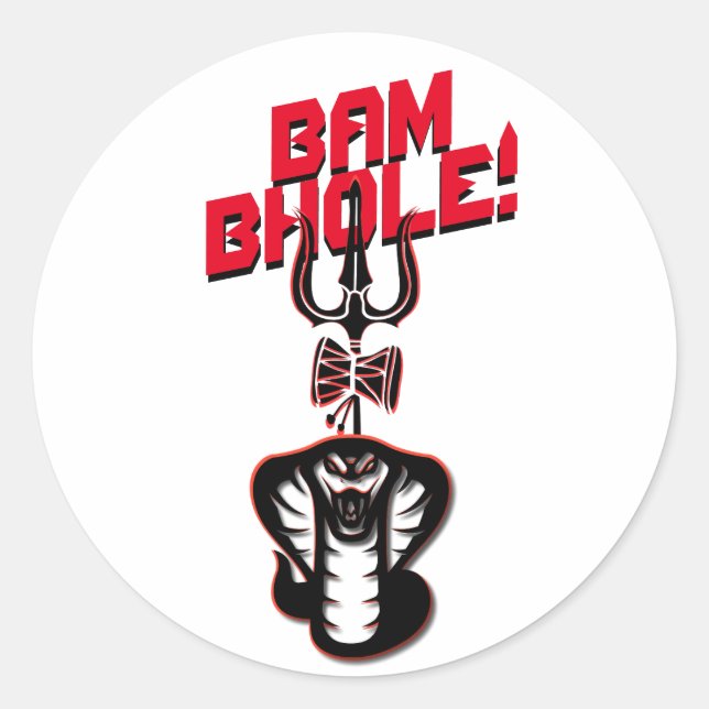"BAM BHOLE" LORD SHIVA'S NAAG AND TRISHUL CLASSIC ROUND STICKER (Front)