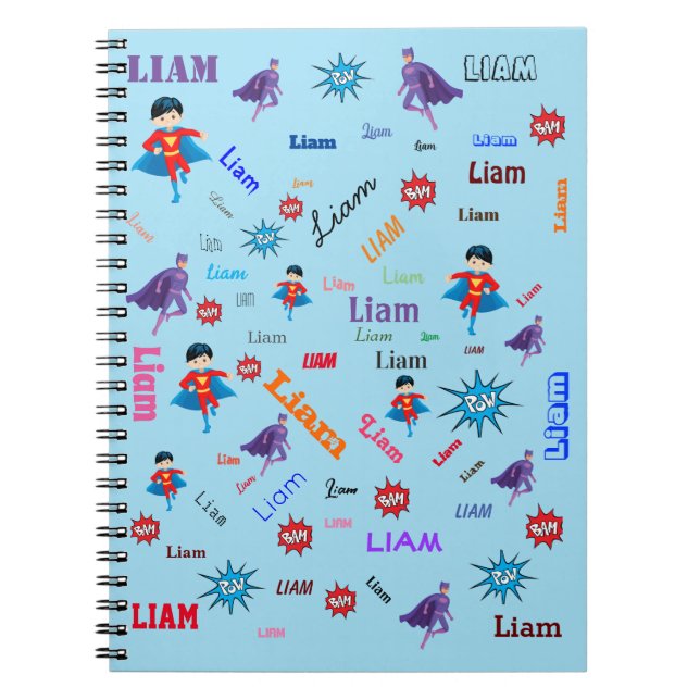 Bam Pow Superhero Word Cloud Name Collage Notebook (Front)