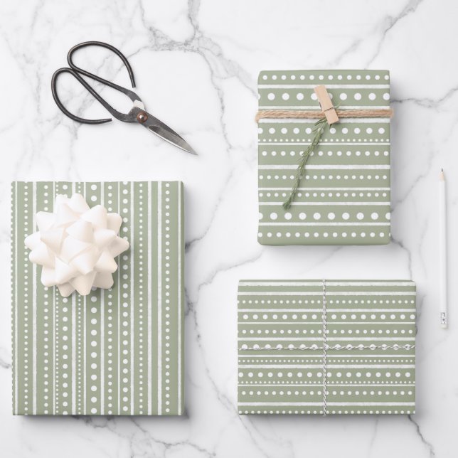 Bamanko Boho Sage Green Dots and Stripes Pattern Wrapping Paper Sheets (Front)