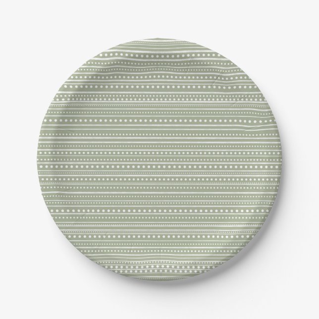 Bamanko Dotted Striped Mudcloth Pattern Sage Green Paper Plates (Front)