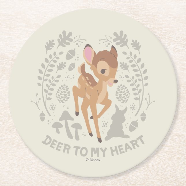 Bambi "Deer To My Heart" Forest Graphic Round Paper Coaster (Front)