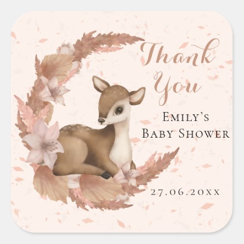 Bambi  Flowers Pastel Pink Baby Shower Thank You Square Sticker