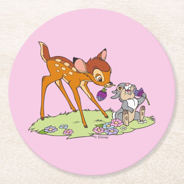 Bambi & Thumper Eating Clover Blossoms Round Paper Coaster (Front)