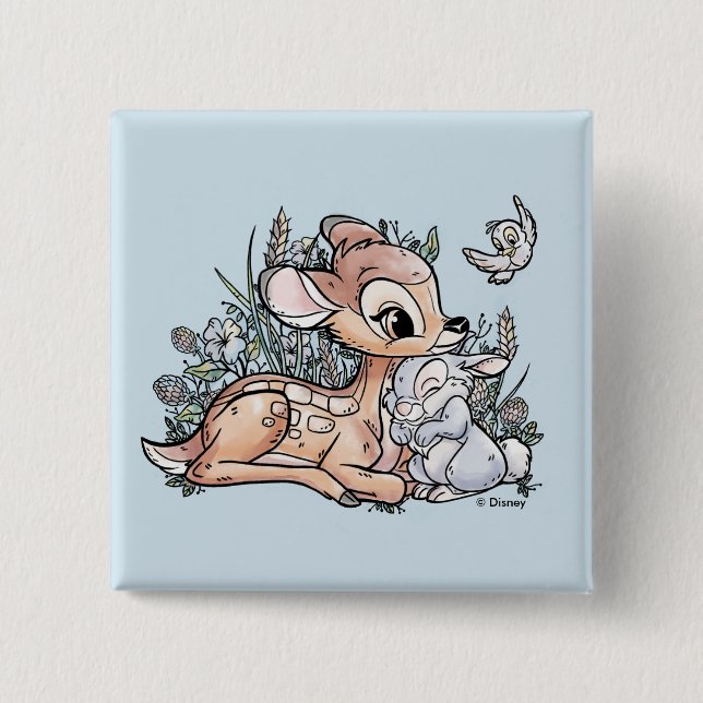 Bambi & Thumper Sitting In The Flowers Button (Front)