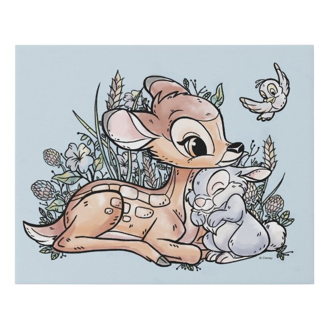 Bambi & Thumper Sitting In The Flowers Faux Canvas Print (Front)