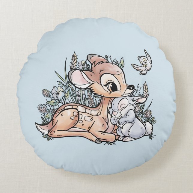 Bambi & Thumper Sitting In The Flowers Round Pillow (Front)