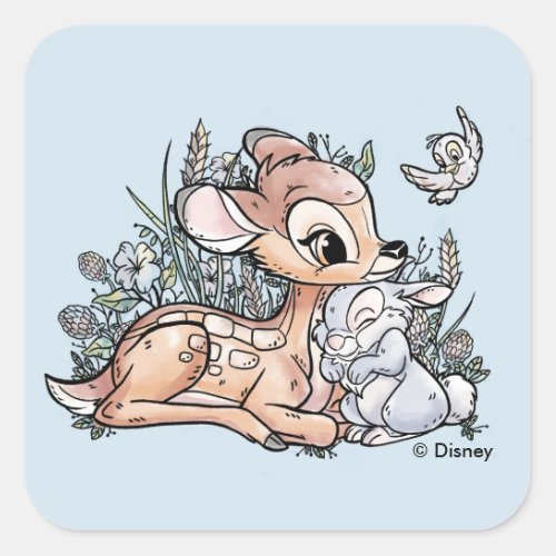 Bambi  Thumper Sitting In The Flowers Square Sticker