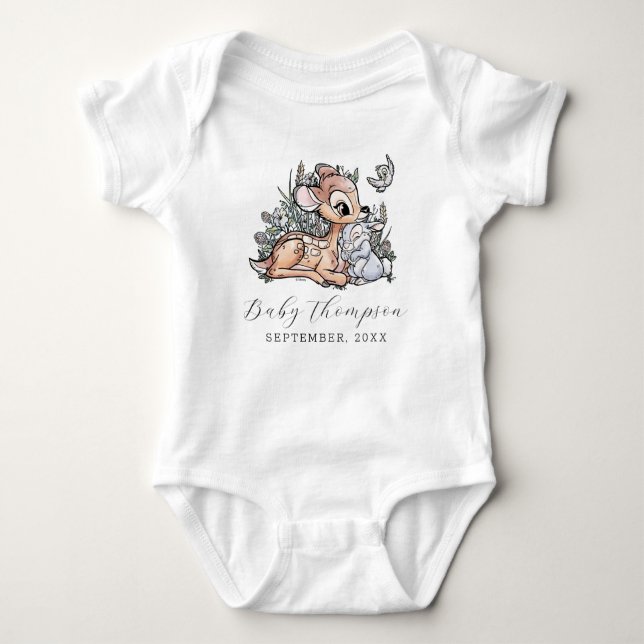 Bambi Watercolor Announcement Date Baby Bodysuit (Front)