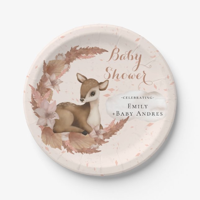 Bambi with Flowers Stars Cloud Baby Shower Paper P Plates (Front)