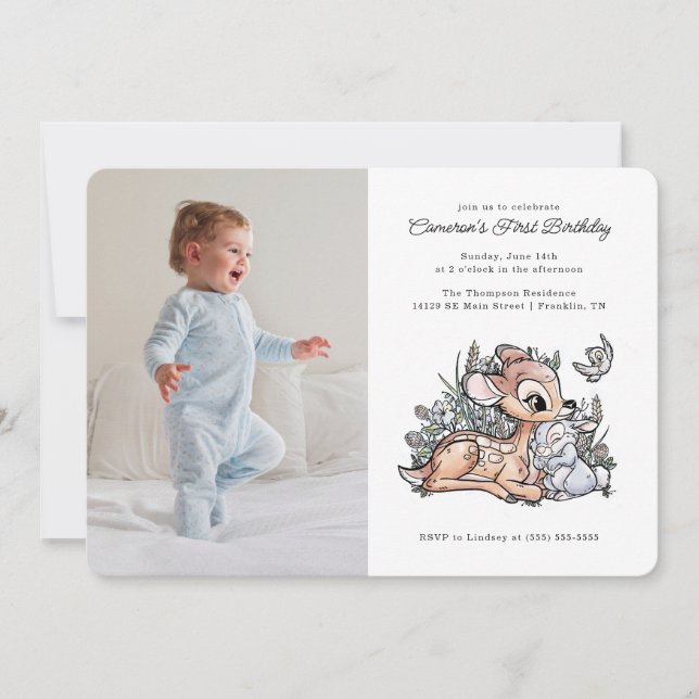 Bambi Woodland Watercolor 1st Birthday - Photo Invitation (Front)