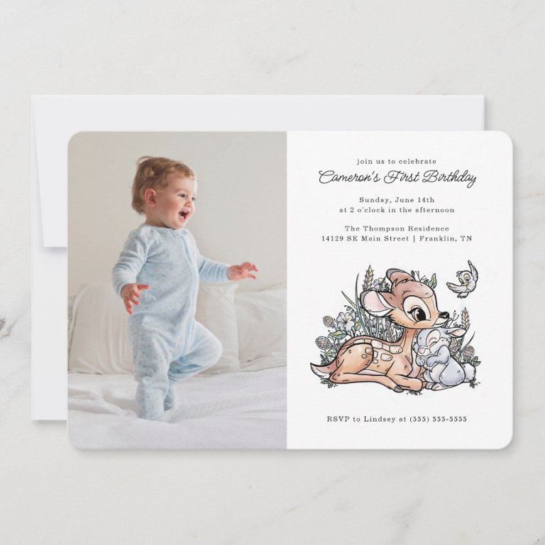 Bambi Woodland Watercolor 1st Birthday - Photo                    Invitation