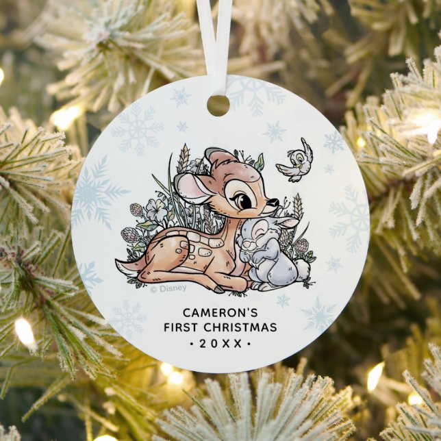 Bambi Woodland Watercolor | Baby's First Christmas Metal Ornament (Insitu)