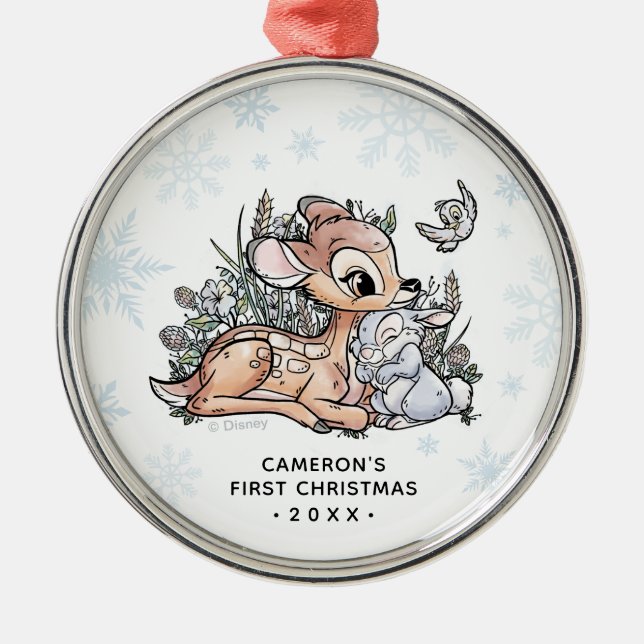 Bambi Woodland Watercolor | Baby's First Christmas Metal Ornament (Front)