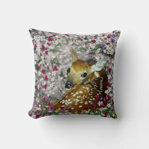 Bambina the White_Tailed Fawn in Flowers I Throw Pillow