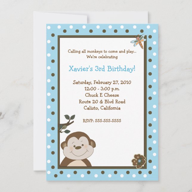 Bambino Monkey 5x7 Blue Birthday Invitations (Front)