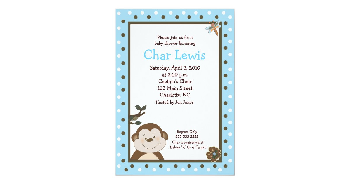 Bambino Monkey Blue 5x7 Baby Shower Invitation Zazzle Com