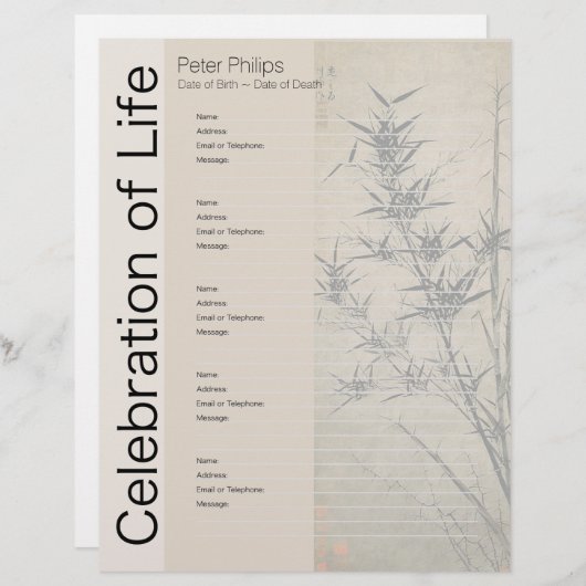 Bamboo 1 Memorial Guest Book Binder Filler Pages (Front/Back)