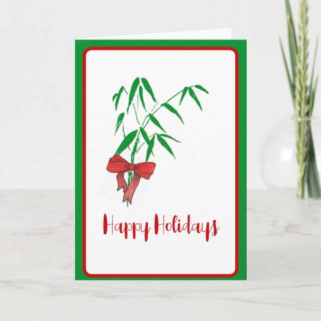 Bamboo and Red Bow Customizable Holiday Card (Front)