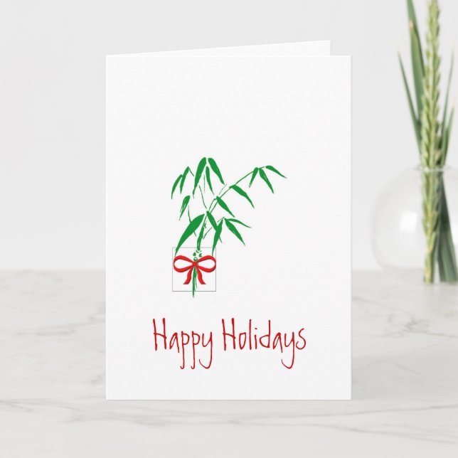 Bamboo and Red Bow Holiday Greeting Card (Front)