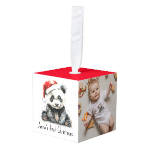 Bamboo Bear's First Christmas, custom Cube Ornament
