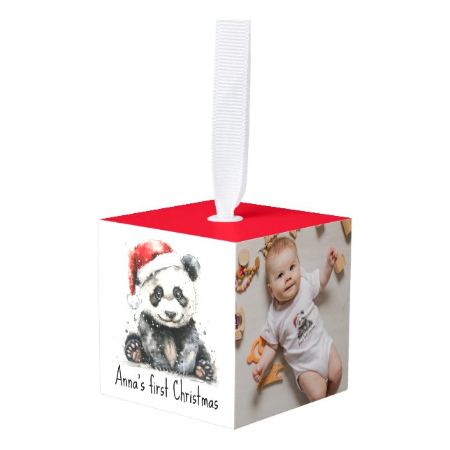 Bamboo Bear's First Christmas, custom Cube Ornament (Front Angled)
