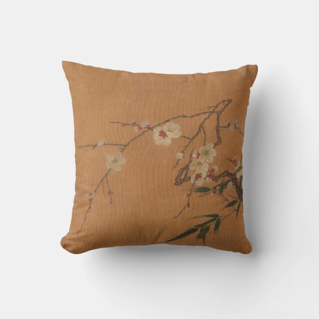 Bamboo & Blossoms Ancient Chinese Oriental Art Throw Pillow (Front)