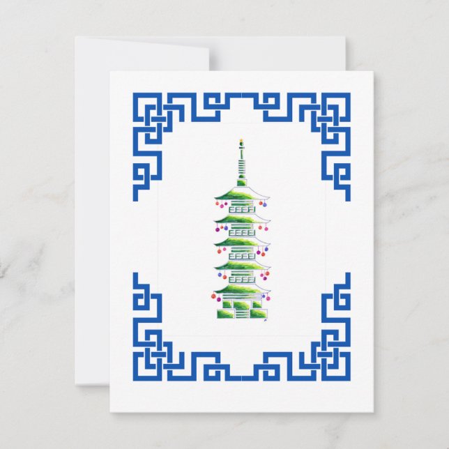 Bamboo Chinoiserie Pagoda Christmas Tree Note Card (Front)