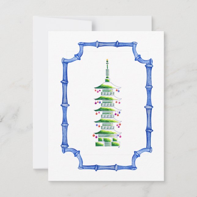 Bamboo Chinoiserie Pagoda Christmas Tree Note Card (Front)