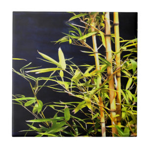 Bamboo Foliage Tropical Art On Black Ceramic Tile