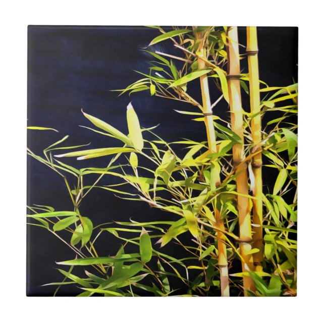 Bamboo Foliage Tropical Art On Black Ceramic Tile (Front)