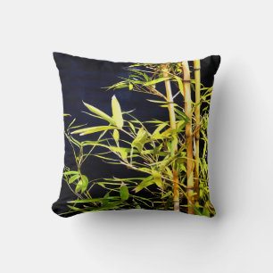 Bamboo Foliage Tropical Art On Black Throw Pillow