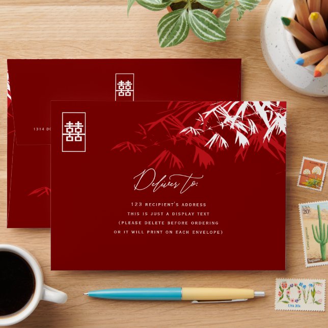 Bamboo Leaves Double Happiness Chinese Wedding Envelope (Desk)