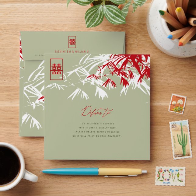 Bamboo Leaves Double Happiness Chinese Wedding Envelope (Desk)