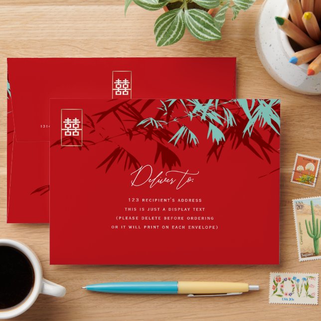Bamboo Leaves Double Happiness Chinese Wedding Envelope (Desk)
