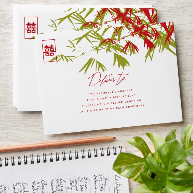 Bamboo Leaves Double Happiness Chinese Wedding Envelope (Stacked)