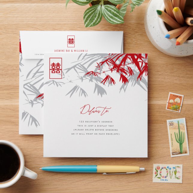Bamboo Leaves Double Happiness Chinese Wedding Envelope (Desk)