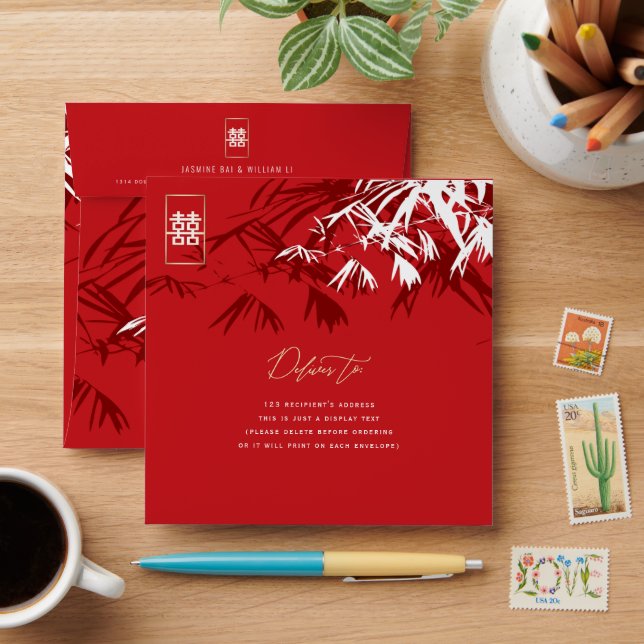 Bamboo Leaves Double Happiness Chinese Wedding Envelope (Desk)