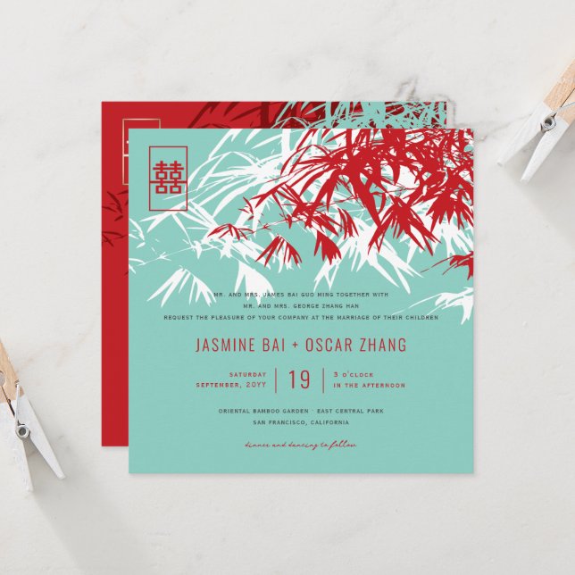Bamboo Leaves Double Happiness Chinese Wedding Invitation (Front/Back In Situ)