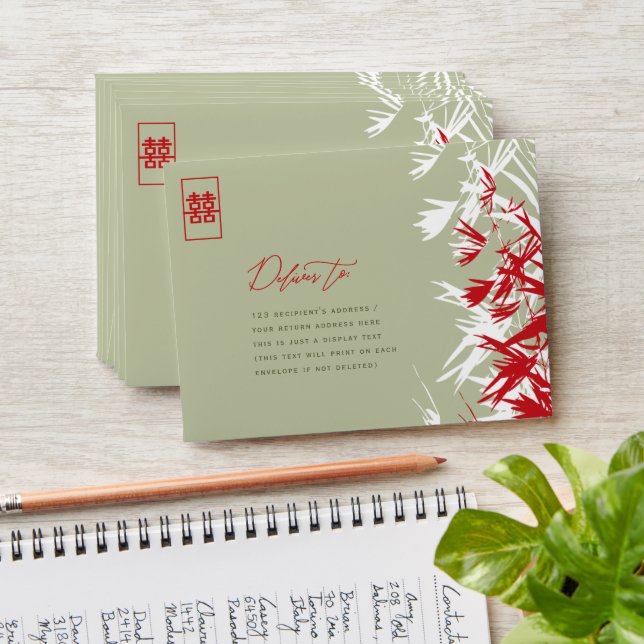 Bamboo Leaves Double Happiness Wedding Envelope (Stacked)