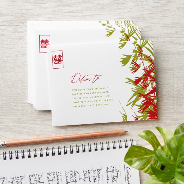 Bamboo Leaves Double Happiness Wedding Envelope (Stacked)