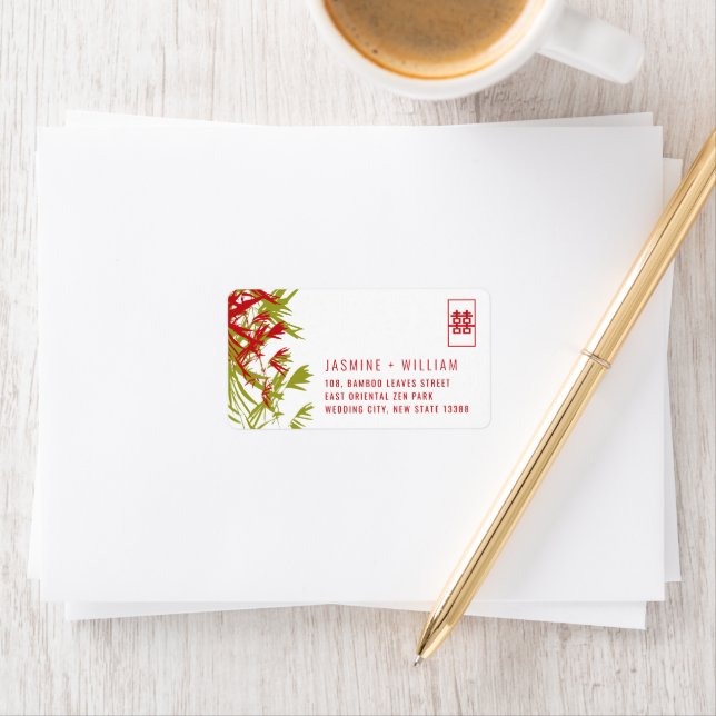 Bamboo Leaves Shuang Xi Chinese Wedding Address Label (Insitu)