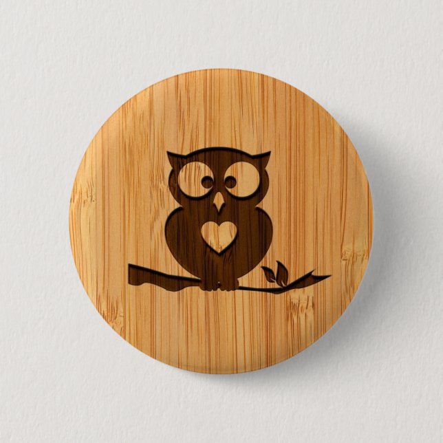 Bamboo Look & Engraved Cute Owl in Tree Button (Front)