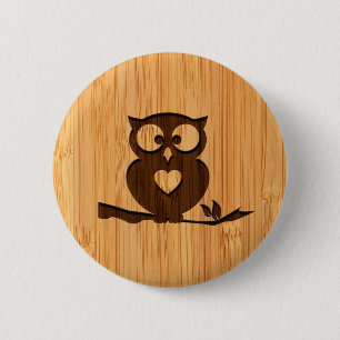 Bamboo Look & Engraved Cute Owl in Tree Button